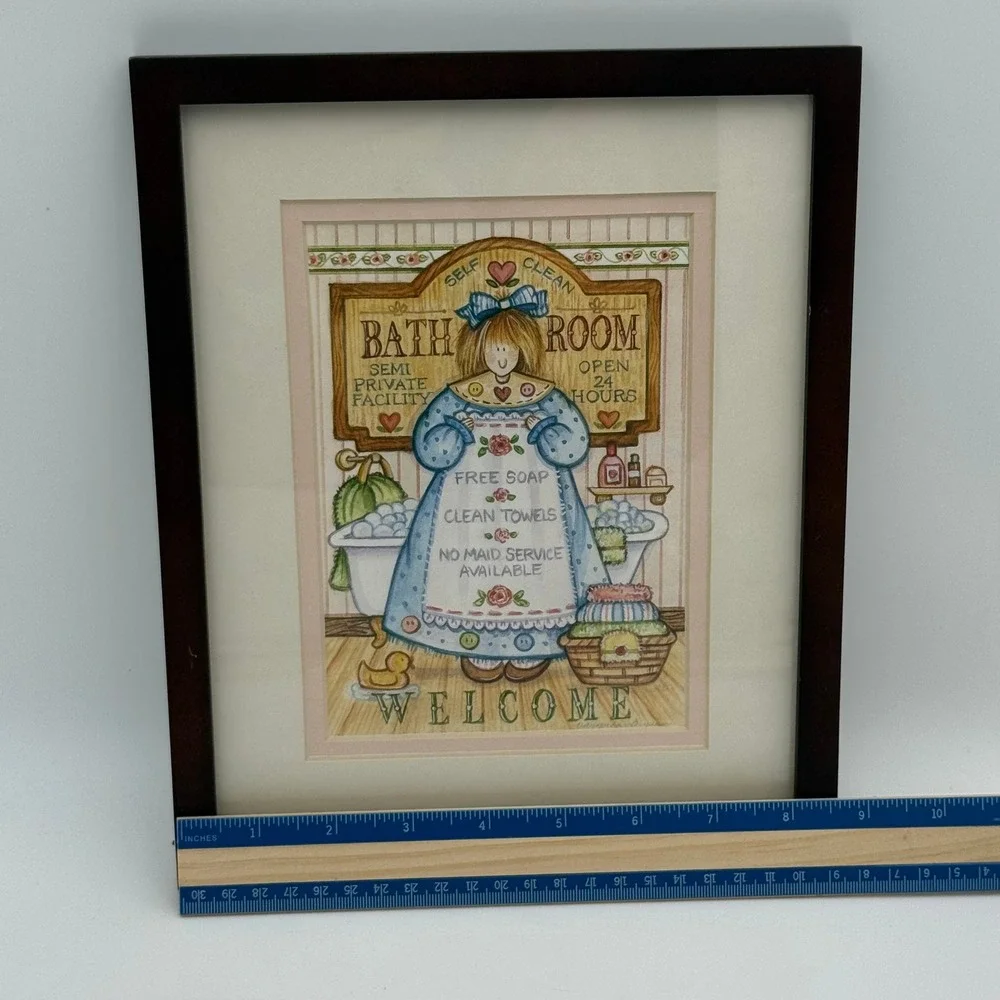 Vintage Country Bathroom Wall Art Framed Whimsical Girl Illustration 8x10